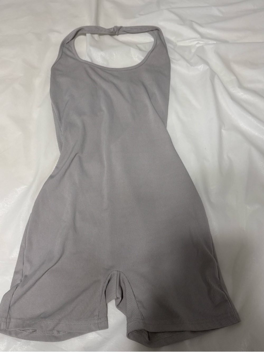 Ribbed Halter-Back Jumpsuit Romper in Light Gray